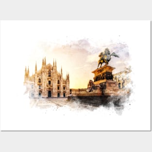 Piazza del Duomo, Milano Italy Watercolor Art City Landscape Posters and Art